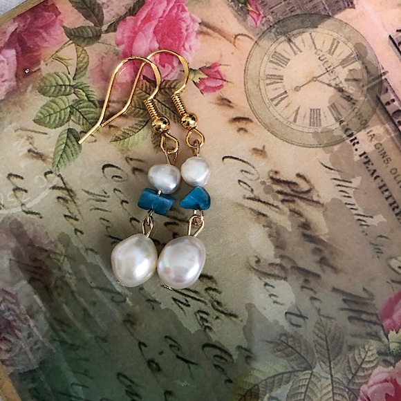 Natural turquoise & freshwater pearl 14k gold filled  drop earrings - Picture 2 of 5